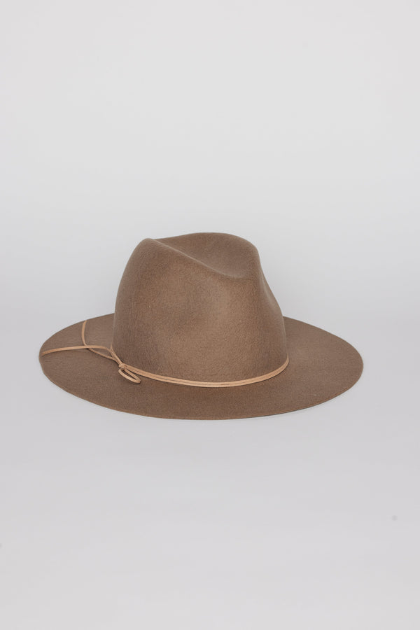 Tan wool felt brimmed hat with tan tie detail