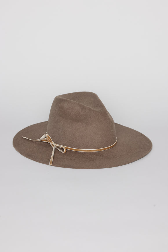 Taupe wool felt hat with tan velvet bow trim