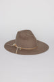 Taupe wool felt brimmed hat with tan tie trim