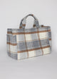 3/4 angle of grey and ivory plaid tote