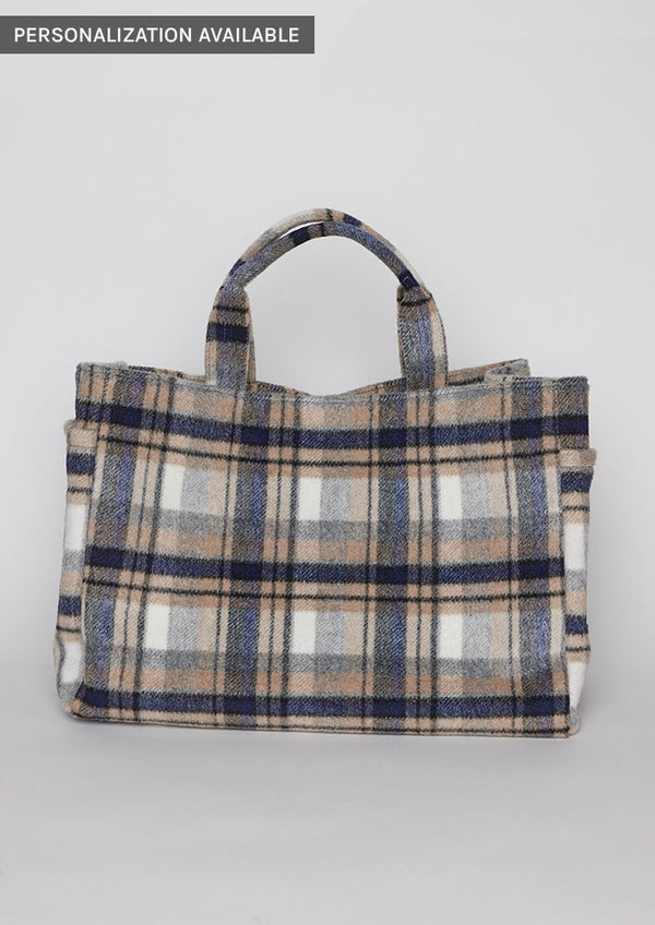 Blue and brown plaid tote