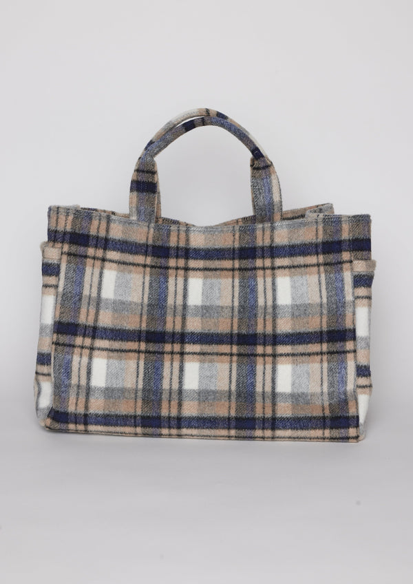 Blue and tan plaid tote