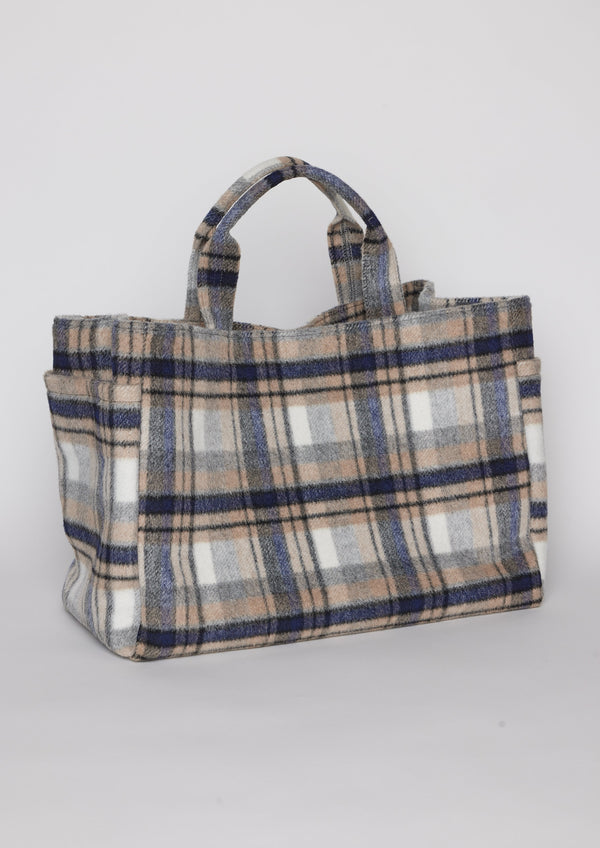 3/4 angle of blue and brown plaid tote