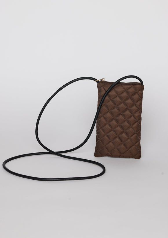 Brown quilted phone bag with black crossbody strap