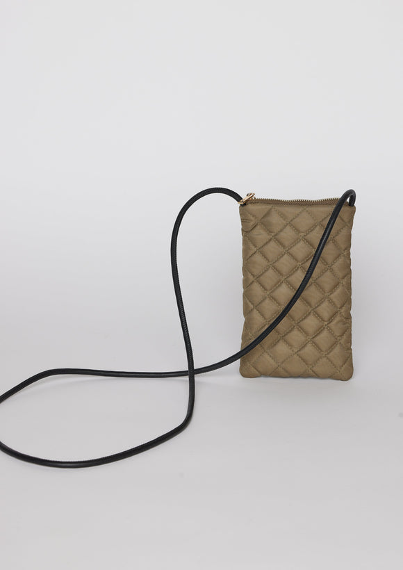 Olive quilted phone bag with black crossbody strap