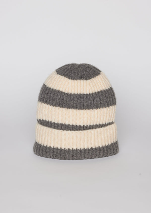 Grey and ivory striped ribbed knit cuffed beanie