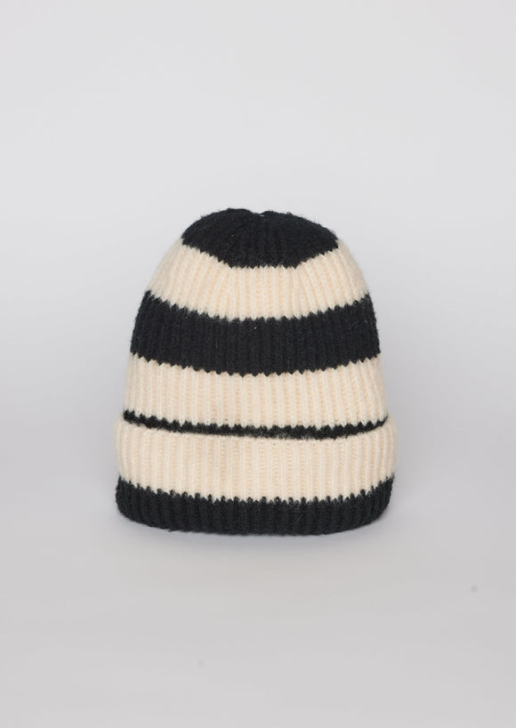 Black and ivory striped ribbed knit cuffed beanie