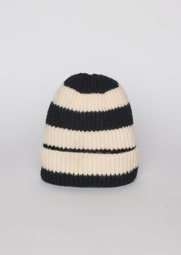 Black and ivory striped ribbed knit cuffed beanie