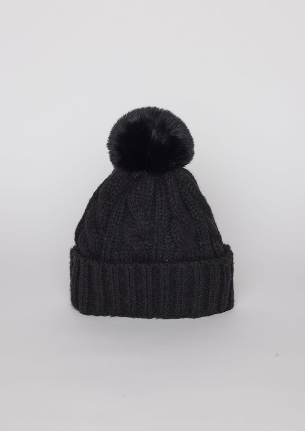 Black cable knit beanie with pom