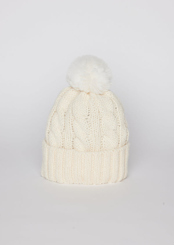 Ivory cable knit beanie with pom