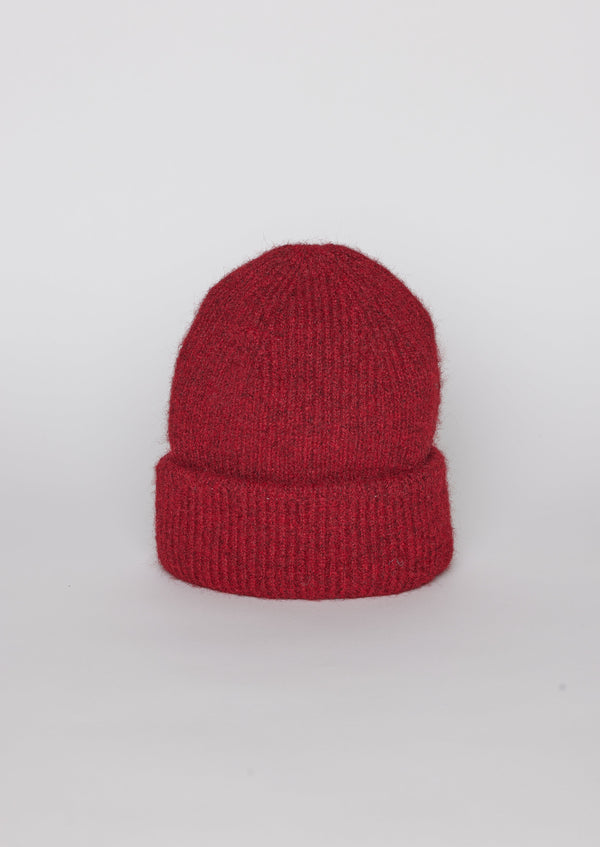 Berry red ribbed knit beanie