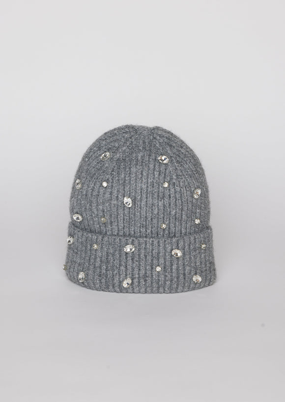 Grey ribbed beanie with crystal embellishments