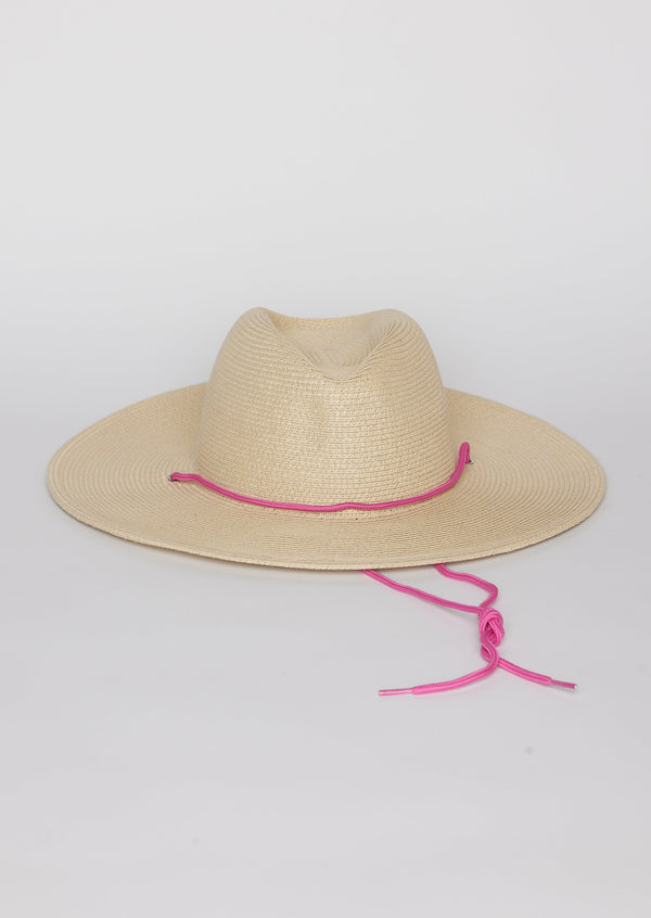Paper straw brimmed hat with pink chinstrap