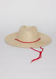 Paper straw brimmed hat with red chinstrap