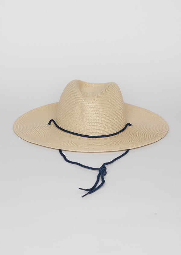 Paper straw brimmed hat with navy chinstrap