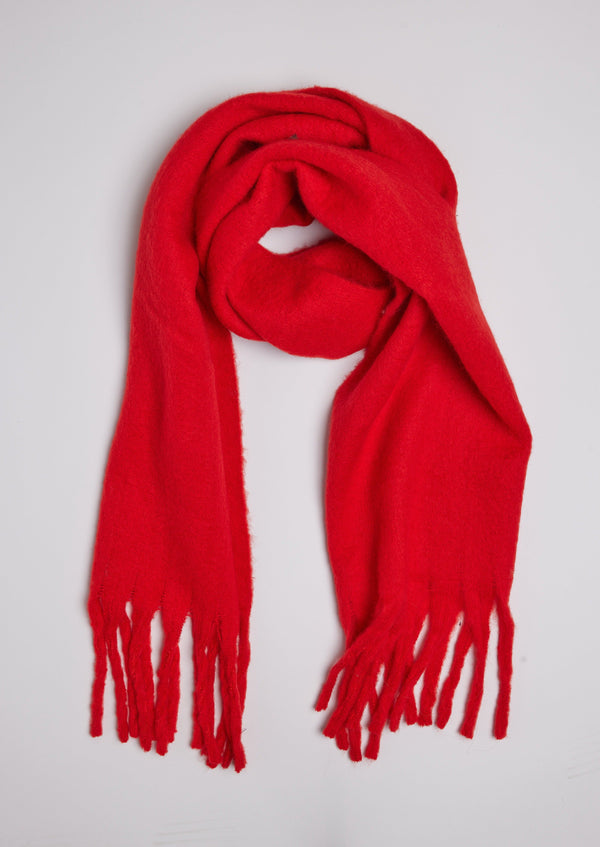 Red scarf with fringe