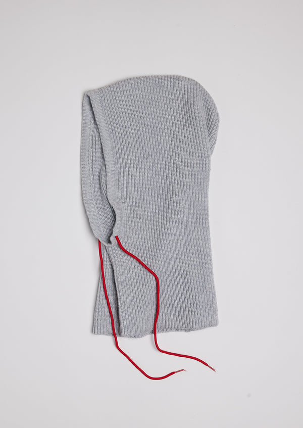 Grey balaclava with red drawstring