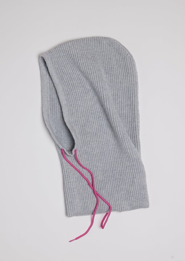 Grey balaclava with pink drawstring