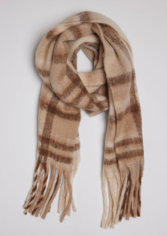 Brown, tan and ivory plaid scarf with fringe detail