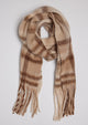 Tan and brown plaid scarf with fringe detail