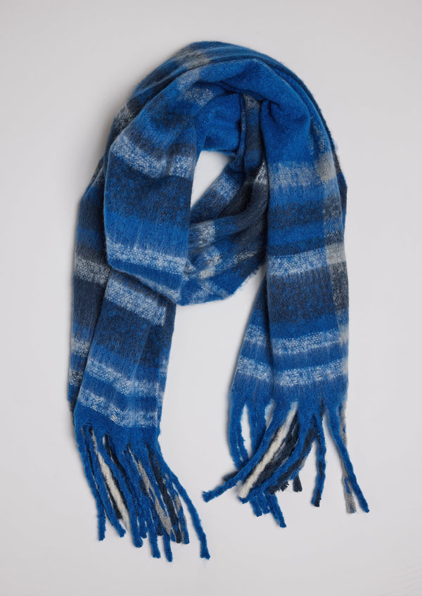 Blue and ivory plaid scarf with fringe detail