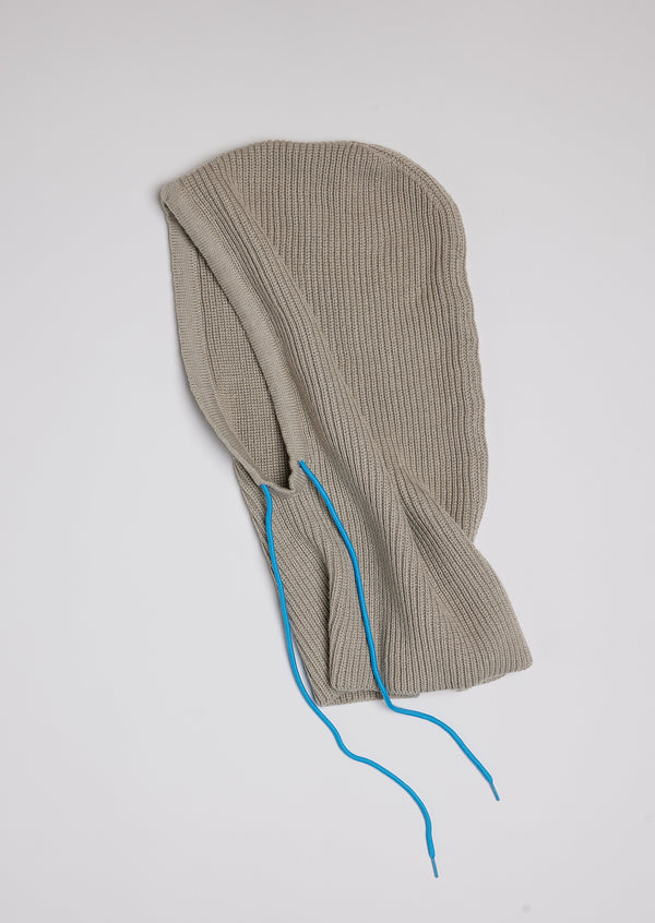 Tan balaclava with blue drawstring