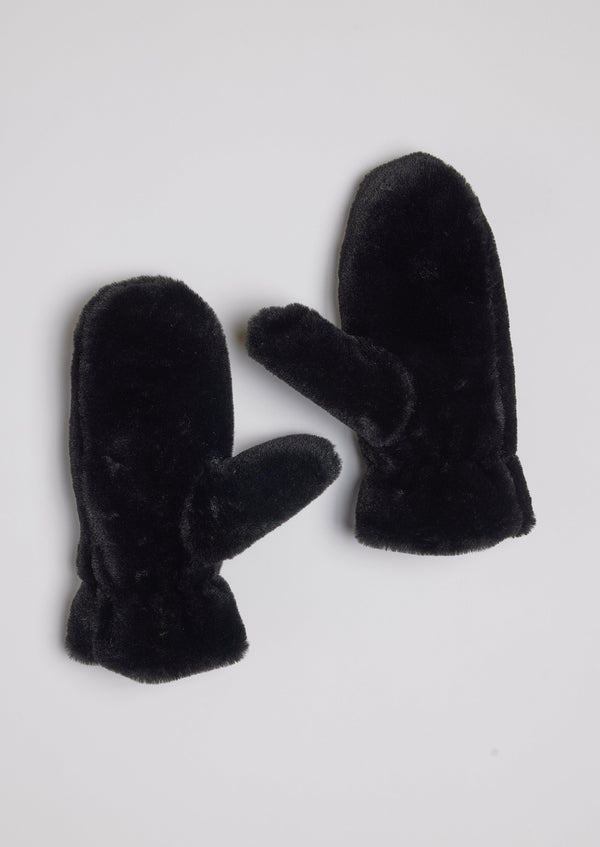 Black faux fur mittens