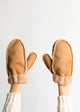 Tan sherpa mittens on model