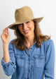 Model wearing tan velour brimmed hat