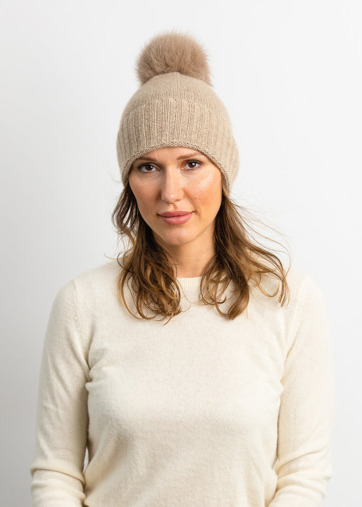 Cashmere Slouchy Cuff Beanie with Real Fur Pom- Taupe