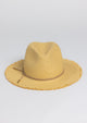 Tan fringe hat with brown leather trim