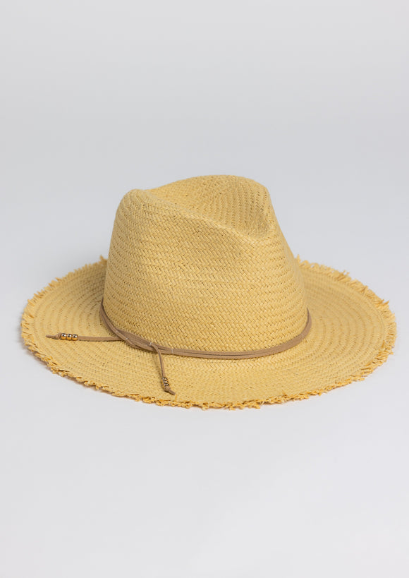 Tan fringe straw hat with tan leather tie 