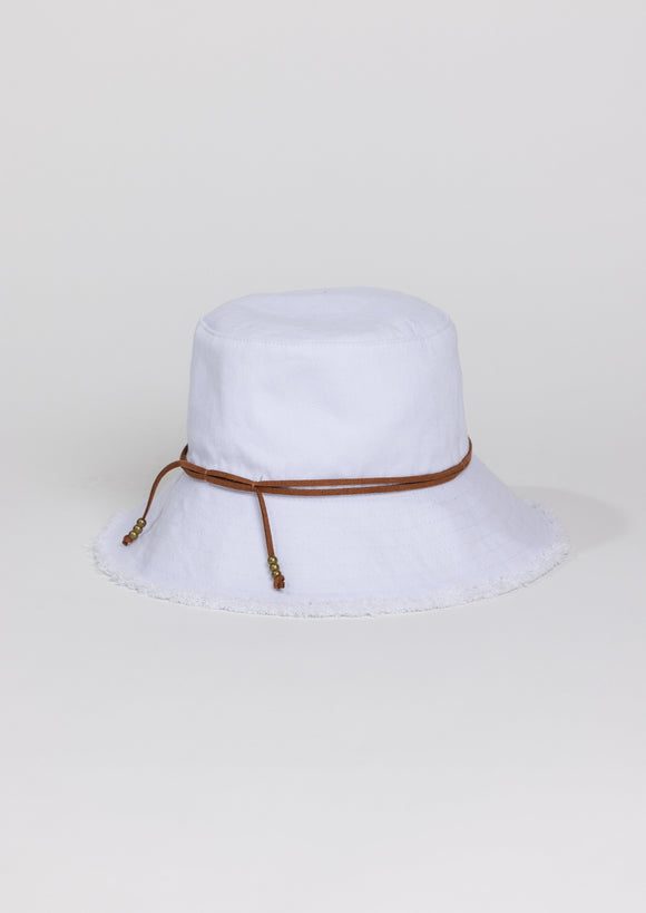 White fringed bucket hat with brown trim