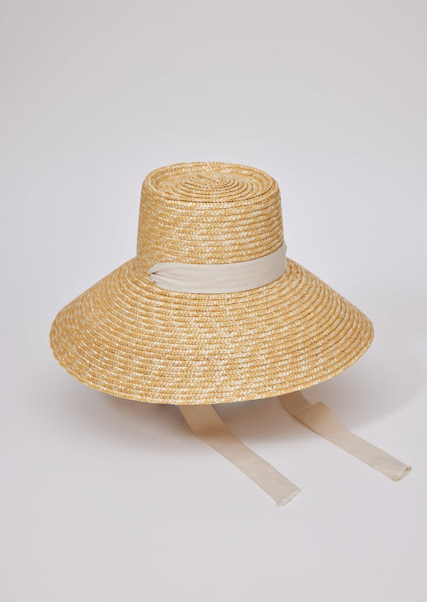 Large brimmed sunhat with ivory ribbon tie