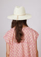 Back of white sun hat and tan tie detail on model