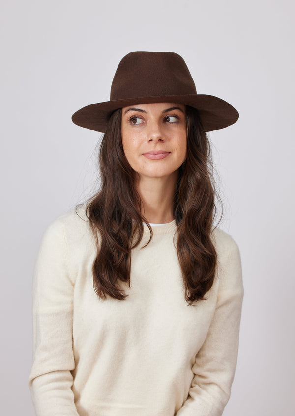 Model looking right and wearing brown wool felt brimmed hat and cream sweater