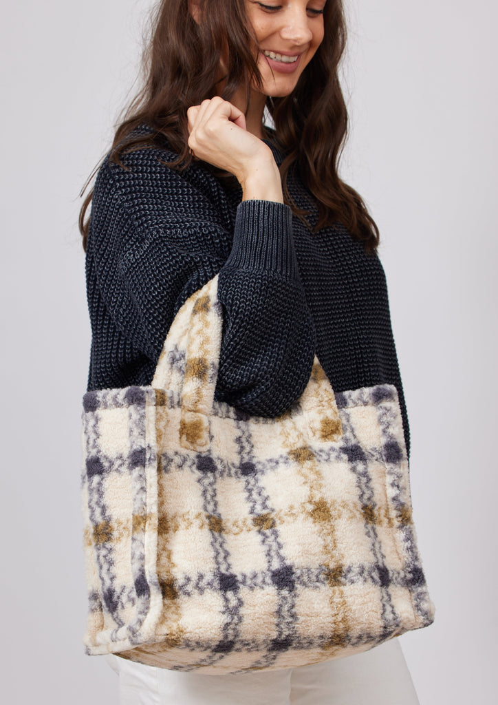 Small Teddy Tote- Neutral Plaid