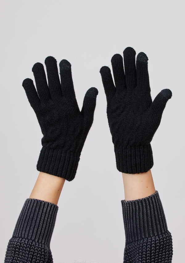 Black knit touch screen gloves on model