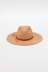 dark tan brimmed sunhat with brown trim