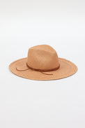 3/4 angle of dark tan brimmed sunhat with brown trim