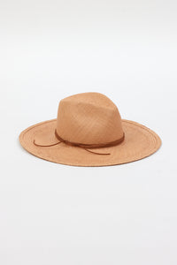 3/4 angle of dark tan brimmed sunhat with brown trim