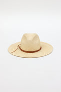 tan brimmed sunhat with brown trim