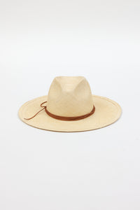 tan brimmed sunhat with brown trim