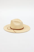 3/4 angle of tan brimmed sunhat with brown trim