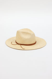 3/4 angle of tan brimmed sunhat with brown trim