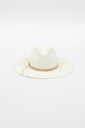 white brimmed sunhat with tan trim