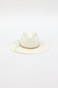 white brimmed sunhat with tan trim