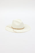3/4 angle of white brimmed sunhat with tan trim