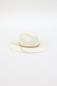3/4 angle of white brimmed sunhat with tan trim