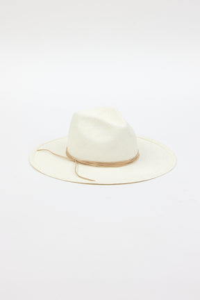 3/4 angle of white brimmed sunhat with tan trim